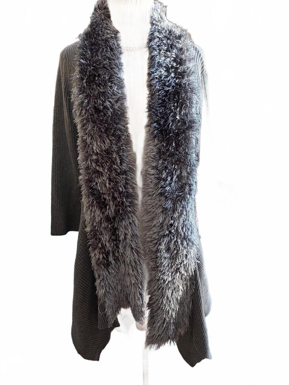 Lauren Michelle Gray Faux Fur Trim Ribbed Knit Cardigan Swea